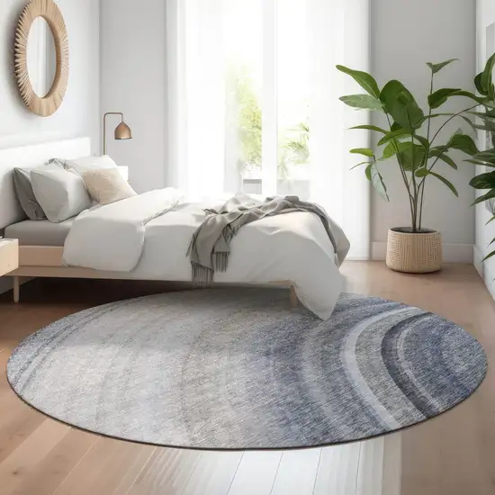 8' Blue Ivory And Gray Ombre Washable Round Rug With UV Protection Photo 5