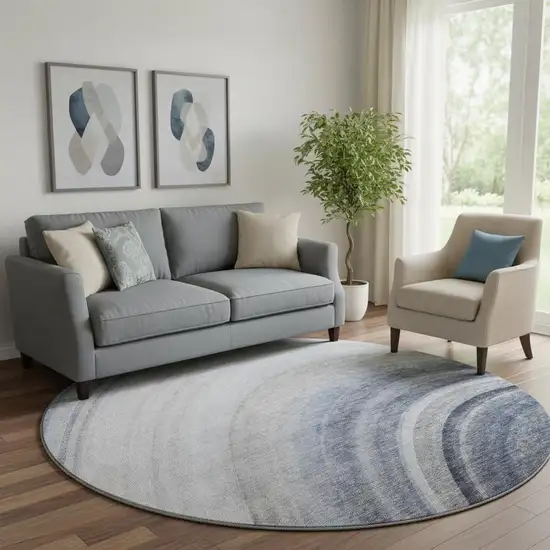 8' Blue Ivory And Gray Ombre Washable Round Rug With UV Protection Photo 1