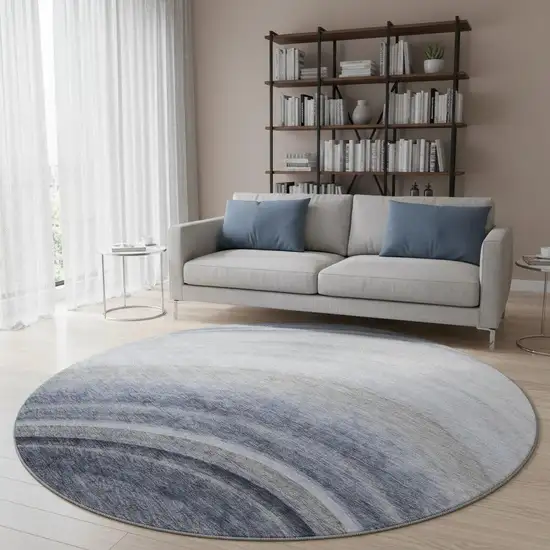 8' Blue Ivory And Gray Ombre Washable Round Rug With UV Protection Photo 2