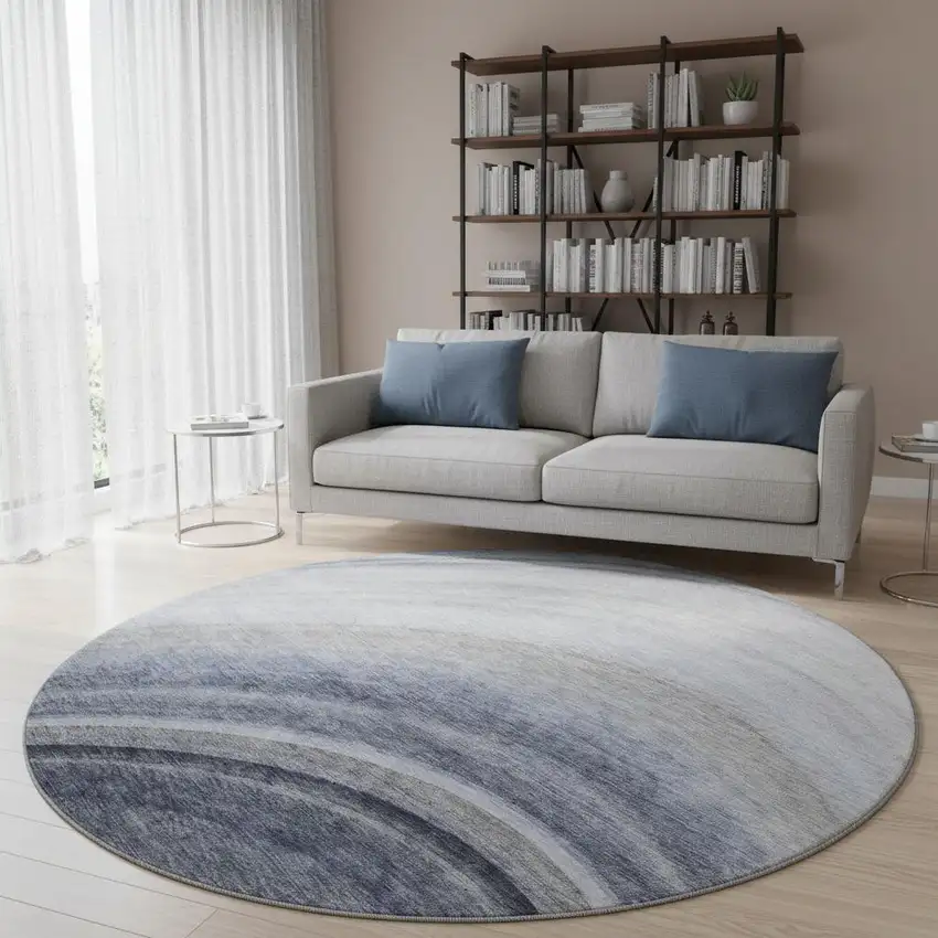8' Blue Ivory And Gray Ombre Washable Round Rug With UV Protection Photo 2
