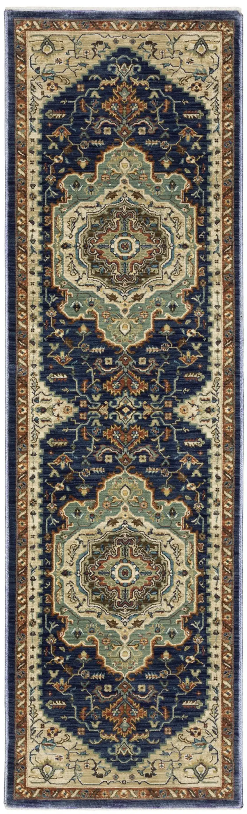 8' Blue Ivory And Gray Oriental Runner Rug With Fringe Photo 2