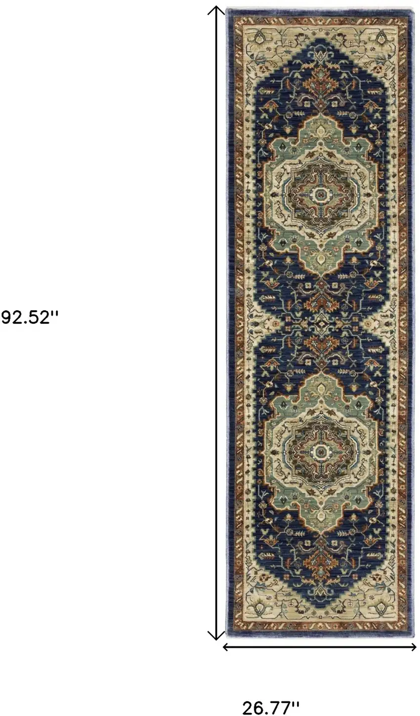 8' Blue Ivory And Gray Oriental Runner Rug With Fringe Photo 3