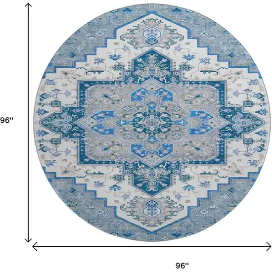 8' Blue Ivory And Gray Oriental Washable Round Rug With UV Protection Photo 9