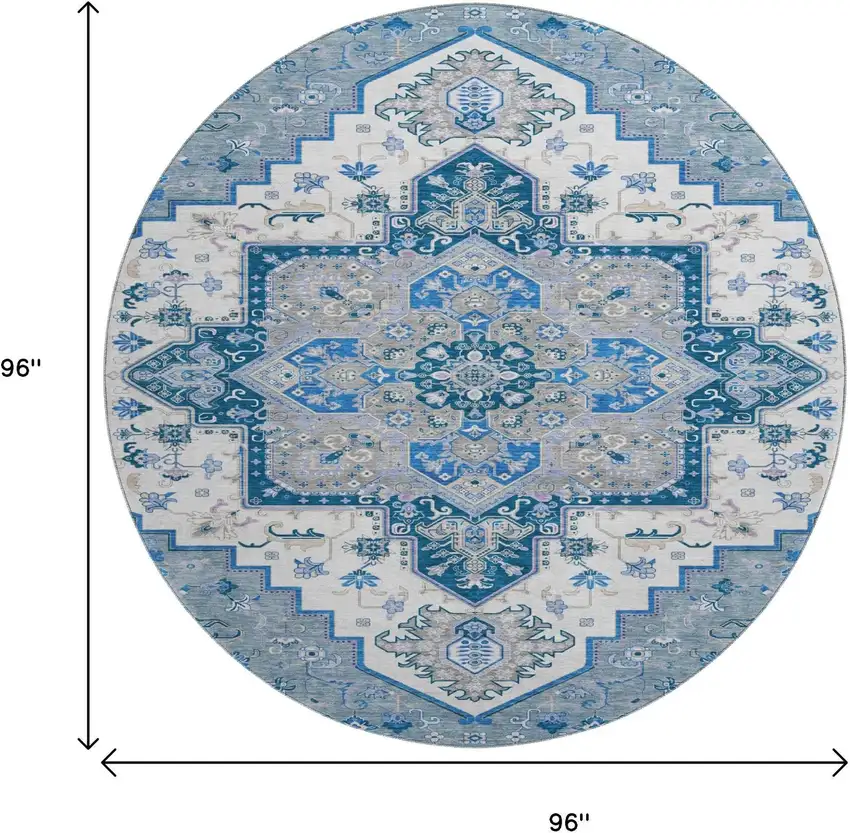 8' Blue Ivory And Gray Oriental Washable Round Rug With UV Protection Photo 9