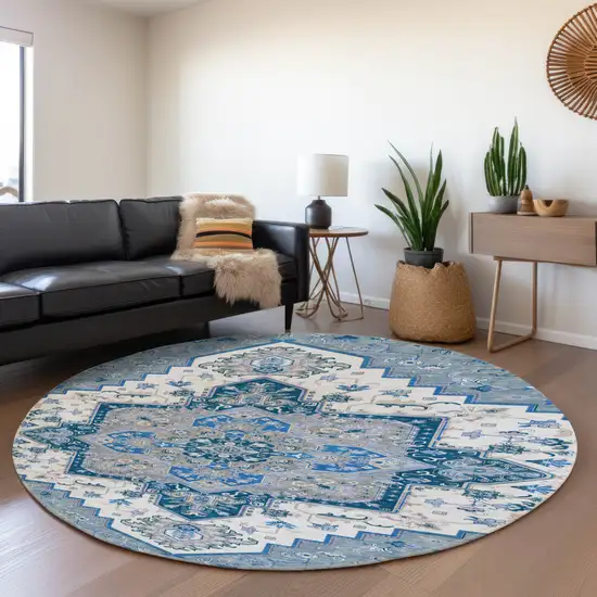 8' Blue Ivory And Gray Oriental Washable Round Rug With UV Protection Photo 4