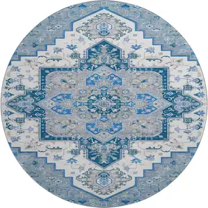 Photo of 8' Blue Ivory And Gray Oriental Washable Round Rug With UV Protection