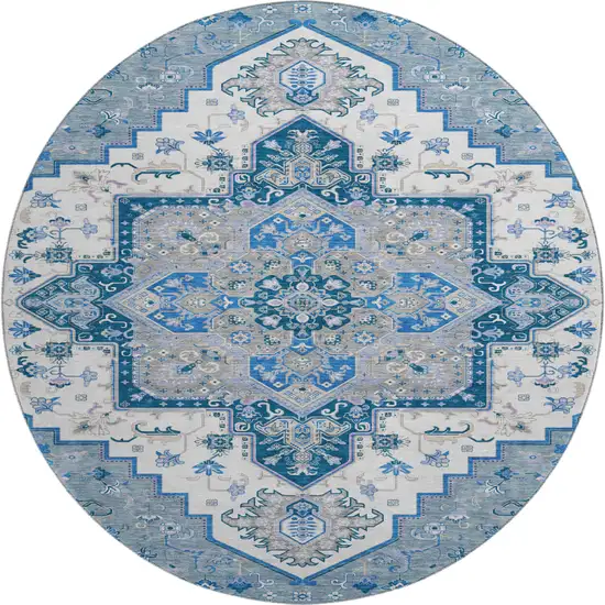 8' Blue Ivory And Gray Oriental Washable Round Rug With UV Protection Photo 1