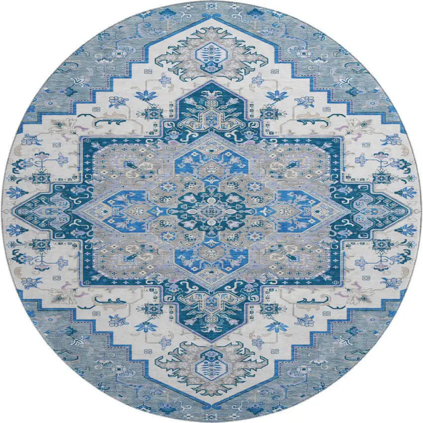 8' Blue Ivory And Gray Oriental Washable Round Rug With UV Protection Photo 1