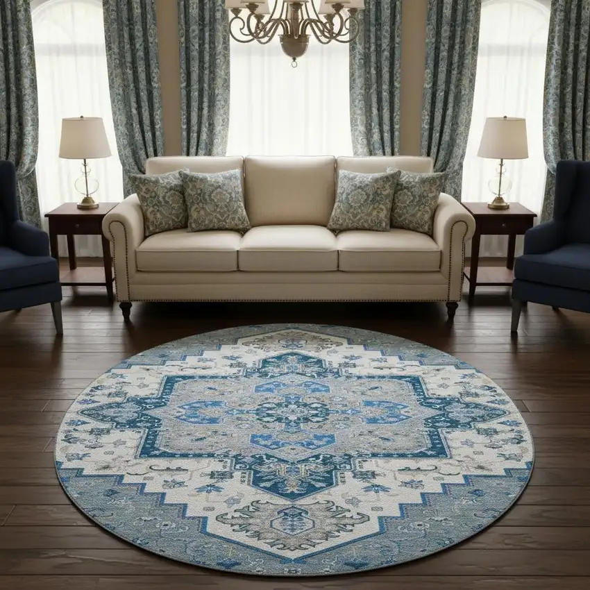 8' Blue Ivory And Gray Oriental Washable Round Rug With UV Protection Photo 2