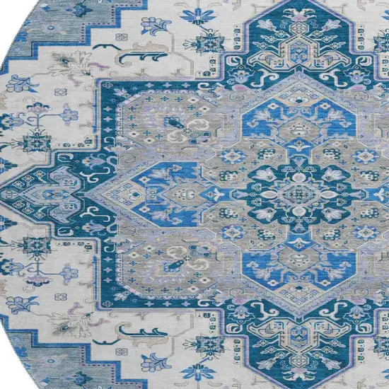 8' Blue Ivory And Gray Oriental Washable Round Rug With UV Protection Photo 3