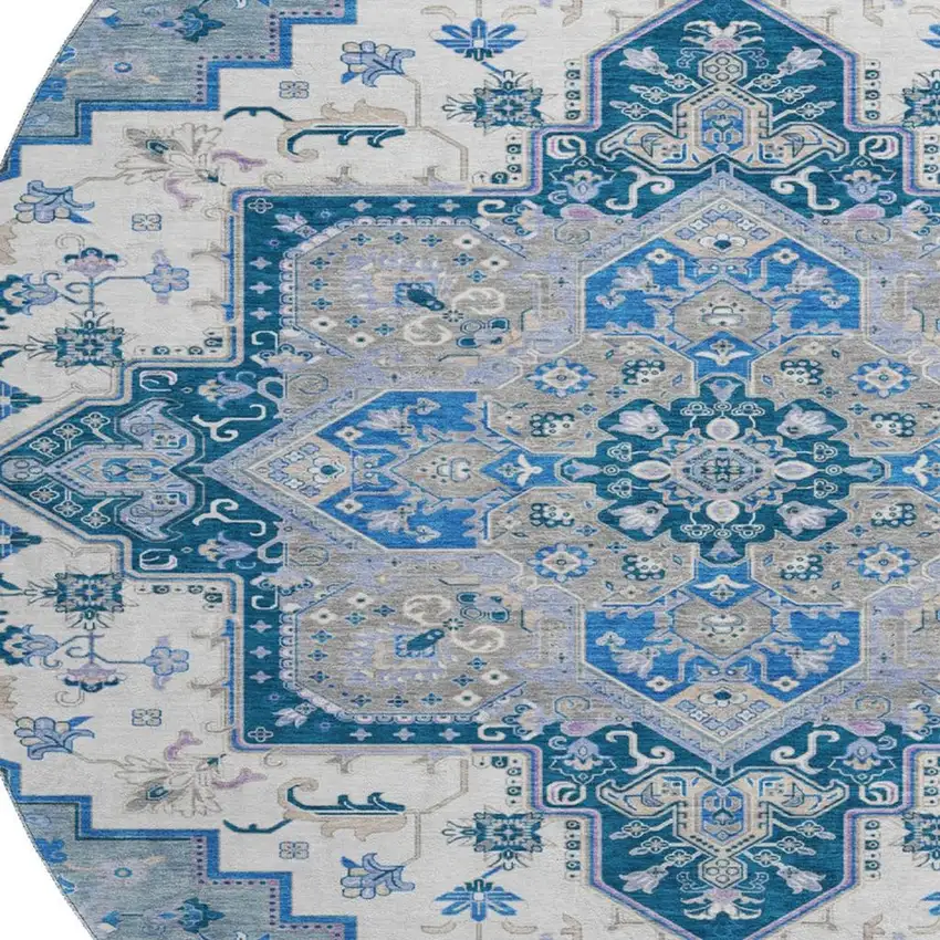 8' Blue Ivory And Gray Oriental Washable Round Rug With UV Protection Photo 3