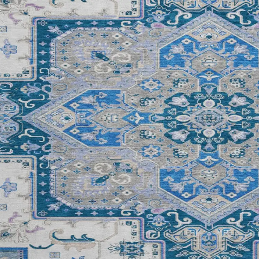 8' Blue Ivory And Gray Oriental Washable Round Rug With UV Protection Photo 2