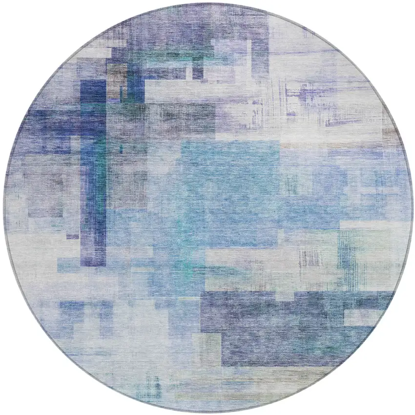 8' Blue Ivory And Gray Round Abstract Washable Indoor Outdoor Area Rug Photo 2