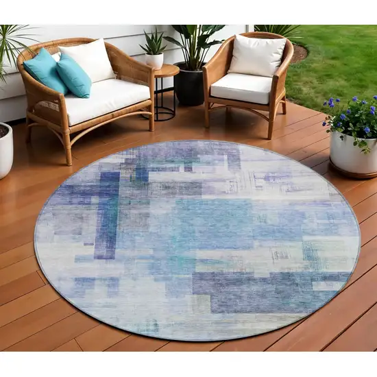 8' Blue Ivory And Gray Round Abstract Washable Indoor Outdoor Area Rug Photo 1
