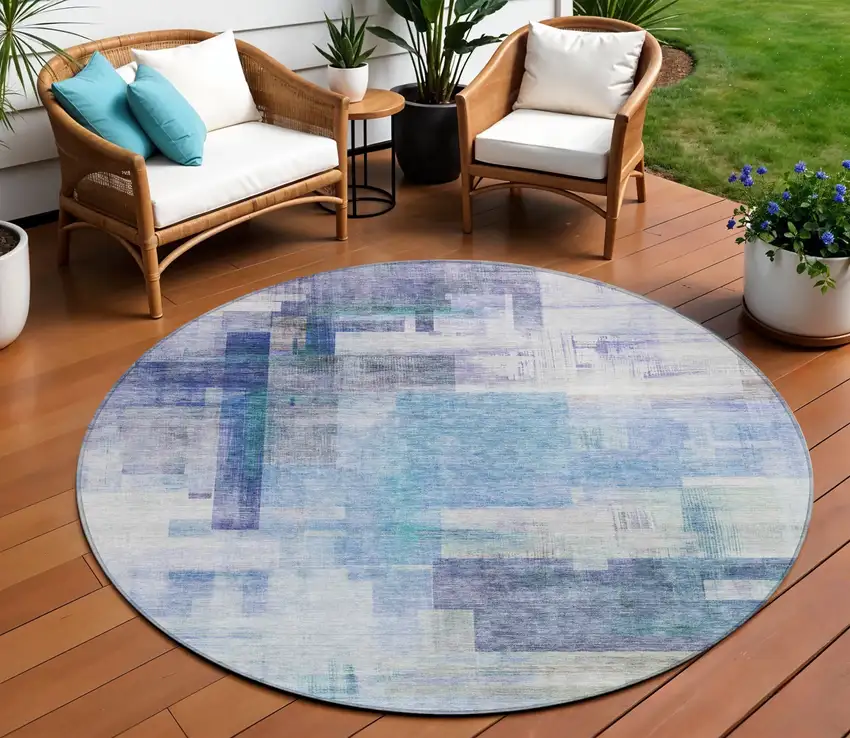 8' Blue Ivory And Gray Round Abstract Washable Indoor Outdoor Area Rug Photo 1