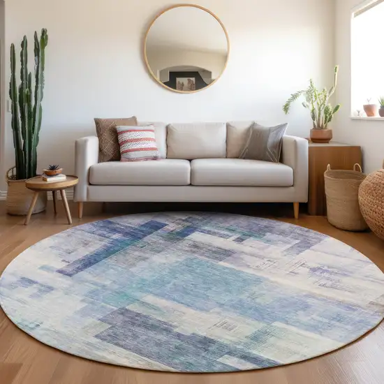 8' Blue Ivory And Gray Round Abstract Washable Indoor Outdoor Area Rug Photo 7