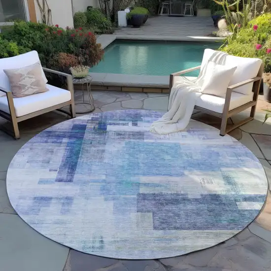 8' Blue Ivory And Gray Round Abstract Washable Indoor Outdoor Area Rug Photo 6