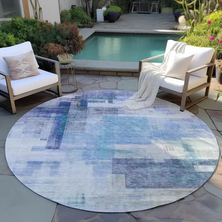 8' Blue Ivory And Gray Round Abstract Washable Indoor Outdoor Area Rug Photo 6