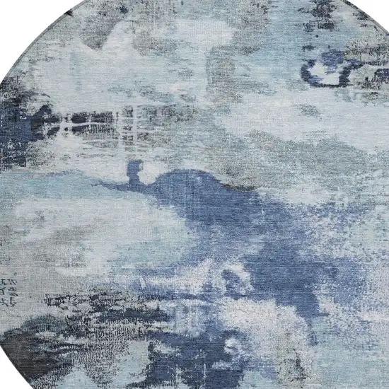 8' Blue Ivory And Gray Round Abstract Washable Indoor Outdoor Area Rug Photo 8