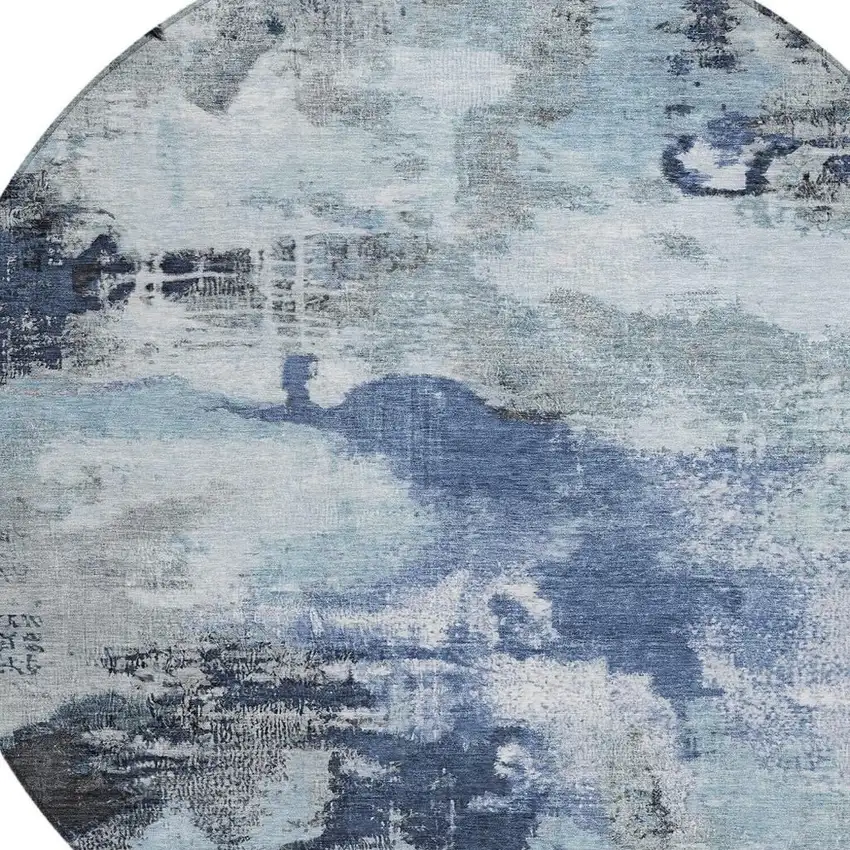 8' Blue Ivory And Gray Round Abstract Washable Indoor Outdoor Area Rug Photo 4