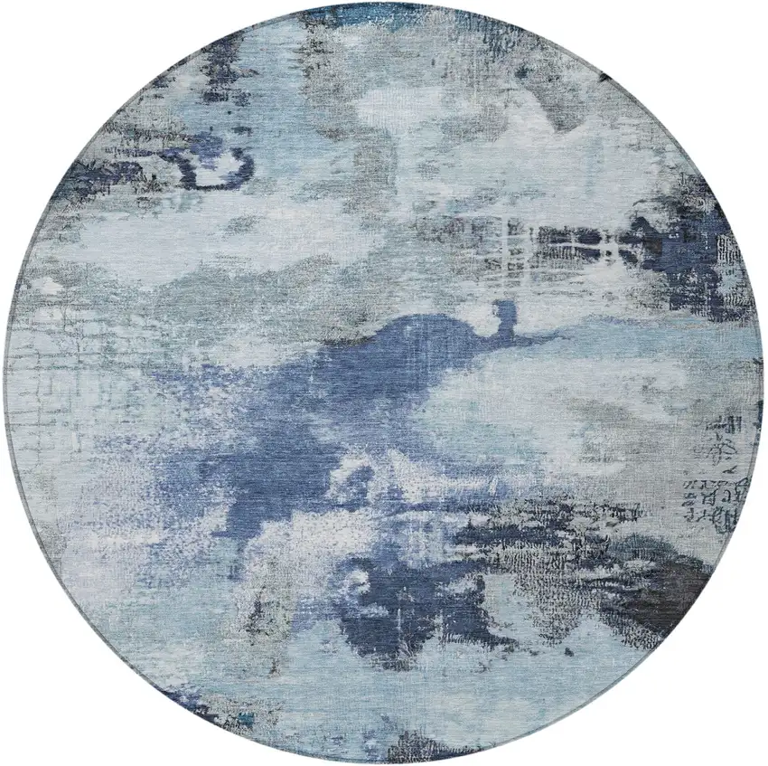 8' Blue Ivory And Gray Round Abstract Washable Indoor Outdoor Area Rug Photo 3
