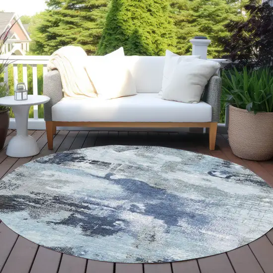 8' Blue Ivory And Gray Round Abstract Washable Indoor Outdoor Area Rug Photo 5