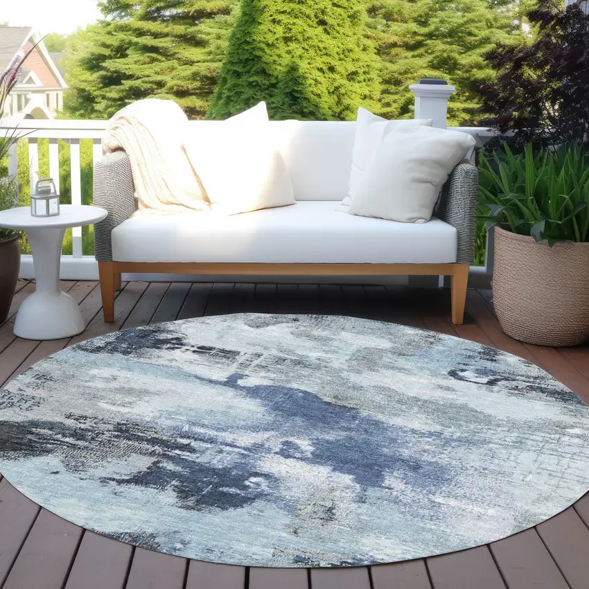 8' Blue Ivory And Gray Round Abstract Washable Indoor Outdoor Area Rug Photo 5