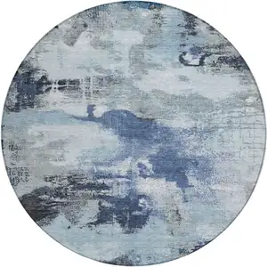 Photo of 8' Blue Ivory And Gray Round Abstract Washable Indoor Outdoor Area Rug