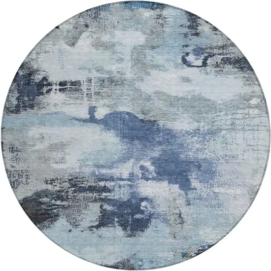 8' Blue Ivory And Gray Round Abstract Washable Indoor Outdoor Area Rug Photo 1