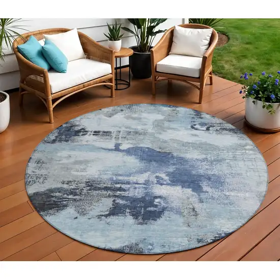 8' Blue Ivory And Gray Round Abstract Washable Indoor Outdoor Area Rug Photo 2