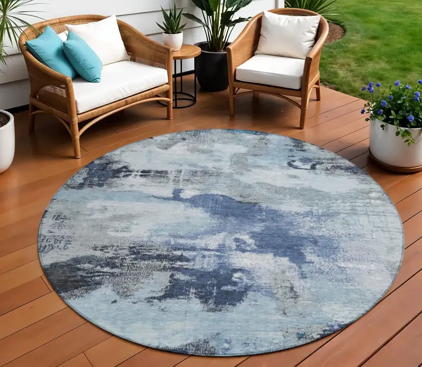 8' Blue Ivory And Gray Round Abstract Washable Indoor Outdoor Area Rug Photo 2