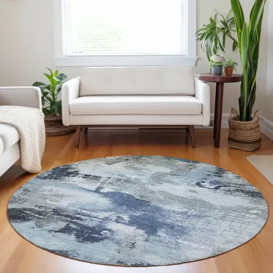 8' Blue Ivory And Gray Round Abstract Washable Indoor Outdoor Area Rug Photo 6