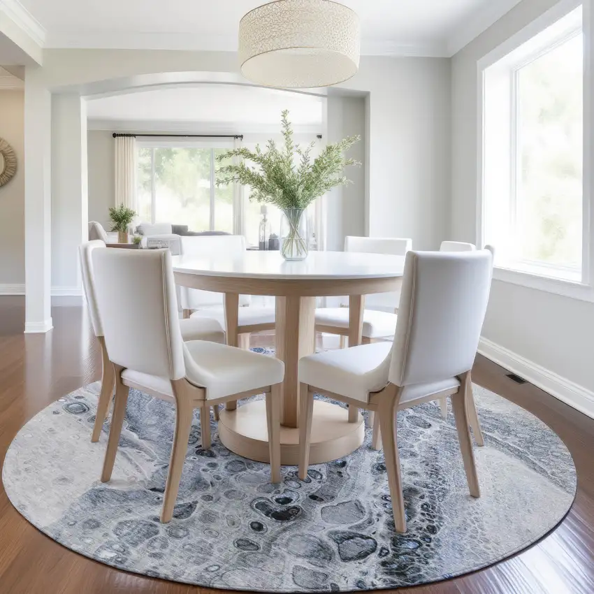 8' Blue Ivory And Gray Round Abstract Washable Indoor Outdoor Area Rug Photo 6