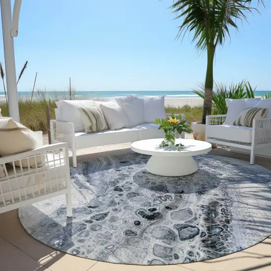 8' Blue Ivory And Gray Round Abstract Washable Indoor Outdoor Area Rug Photo 5