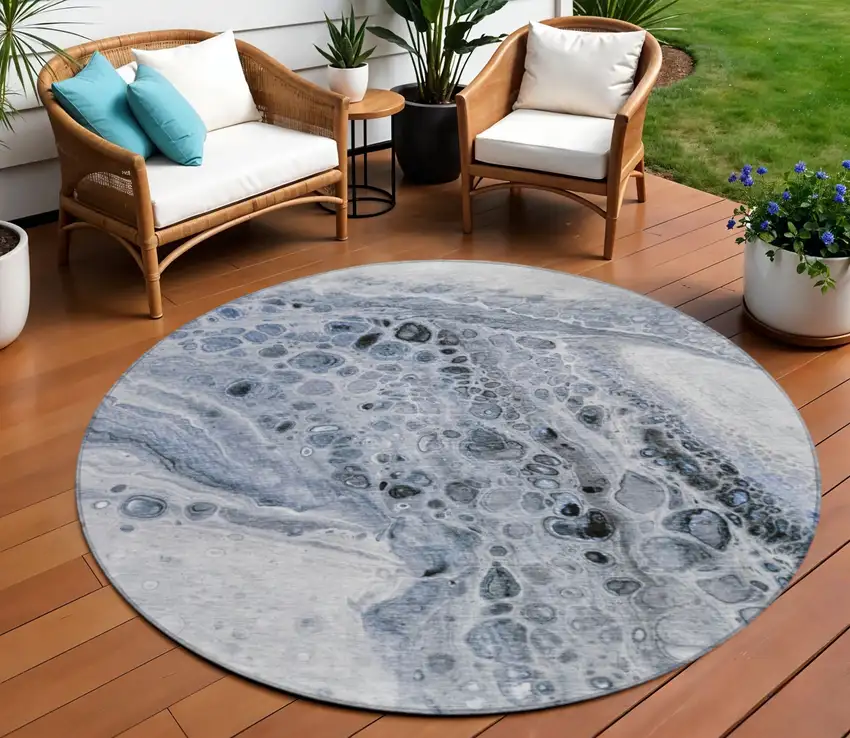 8' Blue Ivory And Gray Round Abstract Washable Indoor Outdoor Area Rug Photo 2