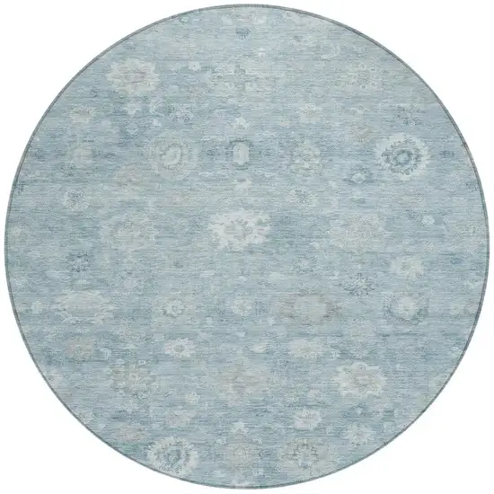 8' Blue Ivory And Gray Round Damask Washable Indoor Outdoor Area Rug Photo 4