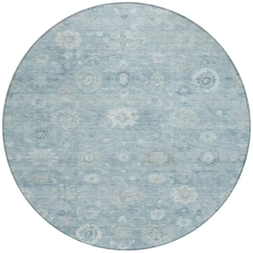 8' Blue Ivory And Gray Round Damask Washable Indoor Outdoor Area Rug Photo 4