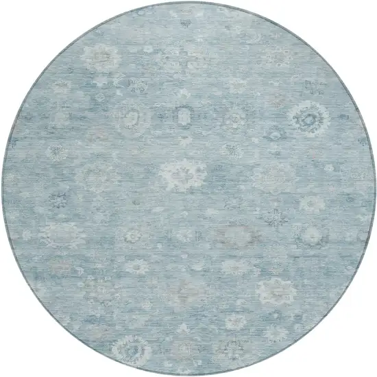 8' Blue Ivory And Gray Round Damask Washable Indoor Outdoor Area Rug Photo 1