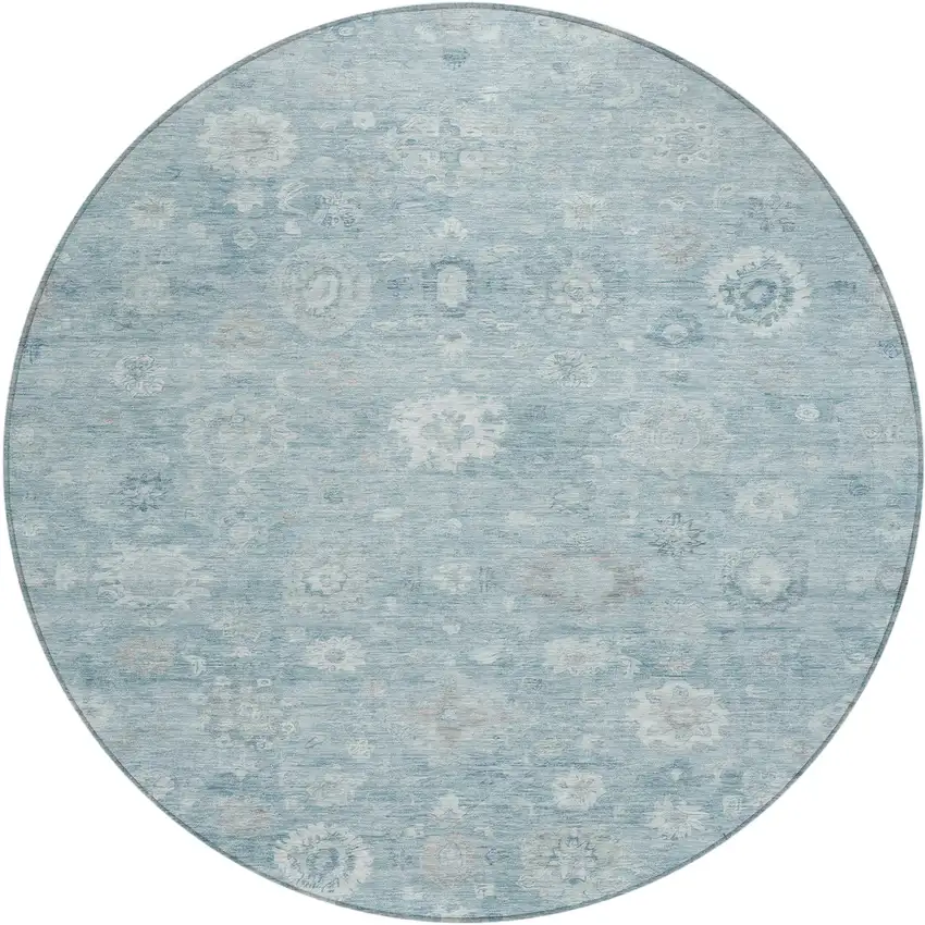 8' Blue Ivory And Gray Round Damask Washable Indoor Outdoor Area Rug Photo 1