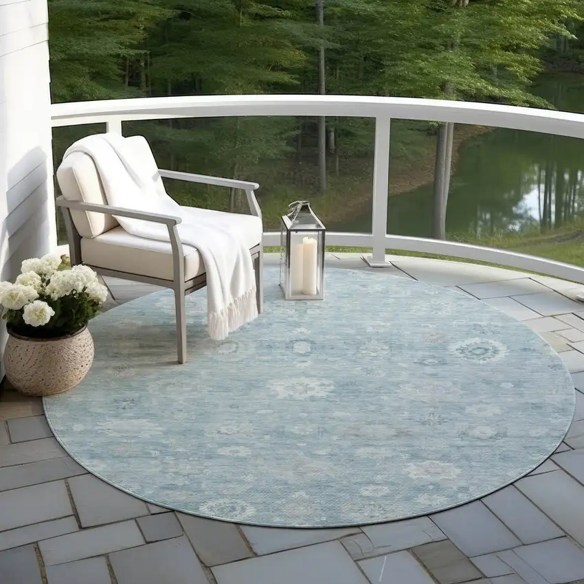 8' Blue Ivory And Gray Round Damask Washable Indoor Outdoor Area Rug Photo 5