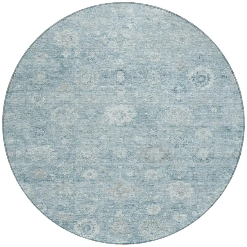 8' Blue Ivory And Gray Round Damask Washable Indoor Outdoor Area Rug Photo 3