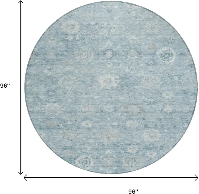 8' Blue Ivory And Gray Round Damask Washable Indoor Outdoor Area Rug Photo 9