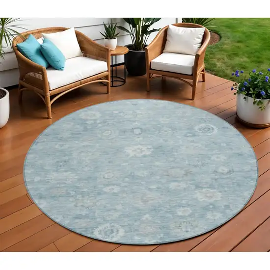 8' Blue Ivory And Gray Round Damask Washable Indoor Outdoor Area Rug Photo 2