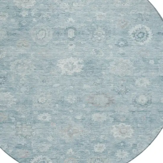 8' Blue Ivory And Gray Round Damask Washable Indoor Outdoor Area Rug Photo 8