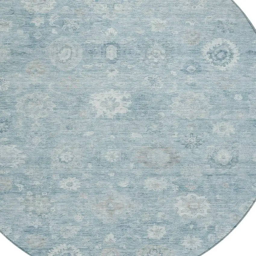 8' Blue Ivory And Gray Round Damask Washable Indoor Outdoor Area Rug Photo 8