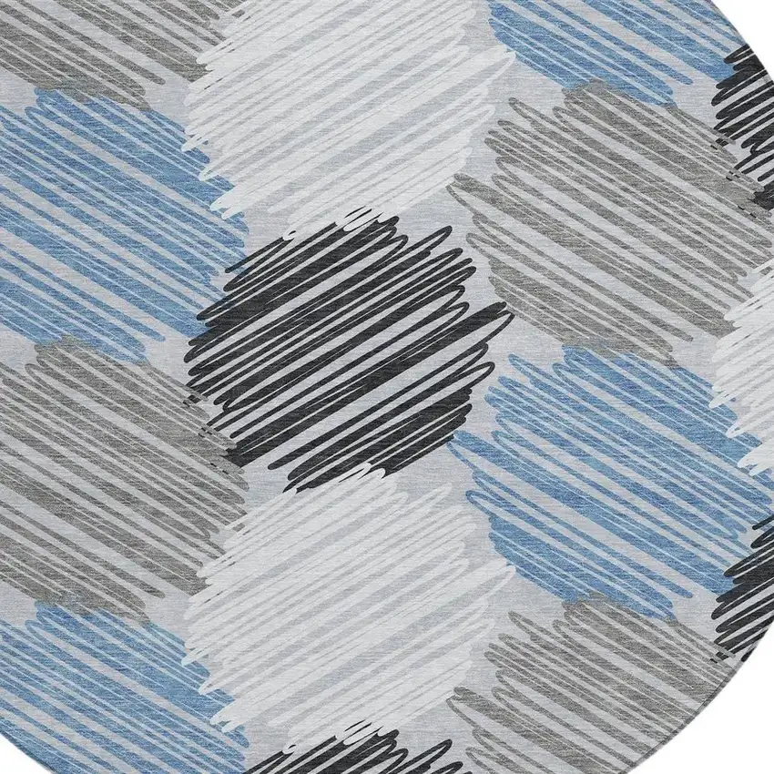 8' Blue Ivory And Gray Round Geometric Washable Indoor Outdoor Area Rug Photo 9