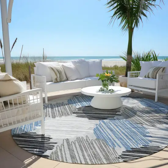 8' Blue Ivory And Gray Round Geometric Washable Indoor Outdoor Area Rug Photo 5