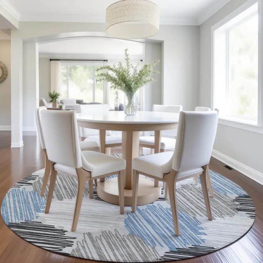 8' Blue Ivory And Gray Round Geometric Washable Indoor Outdoor Area Rug Photo 6