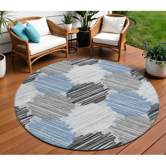 8' Blue Ivory And Gray Round Geometric Washable Indoor Outdoor Area Rug Photo 2