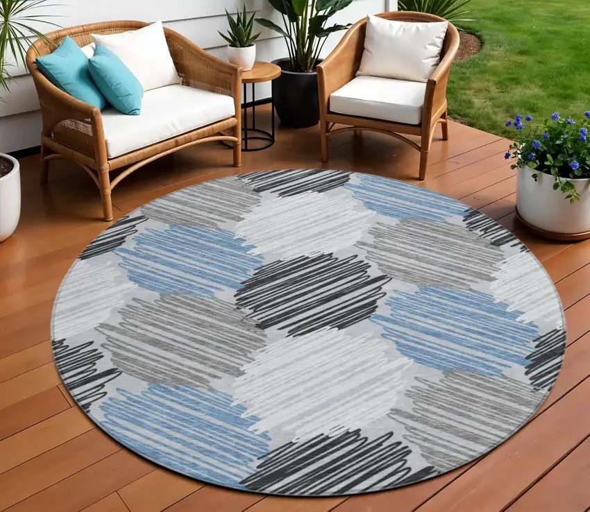 8' Blue Ivory And Gray Round Geometric Washable Indoor Outdoor Area Rug Photo 2